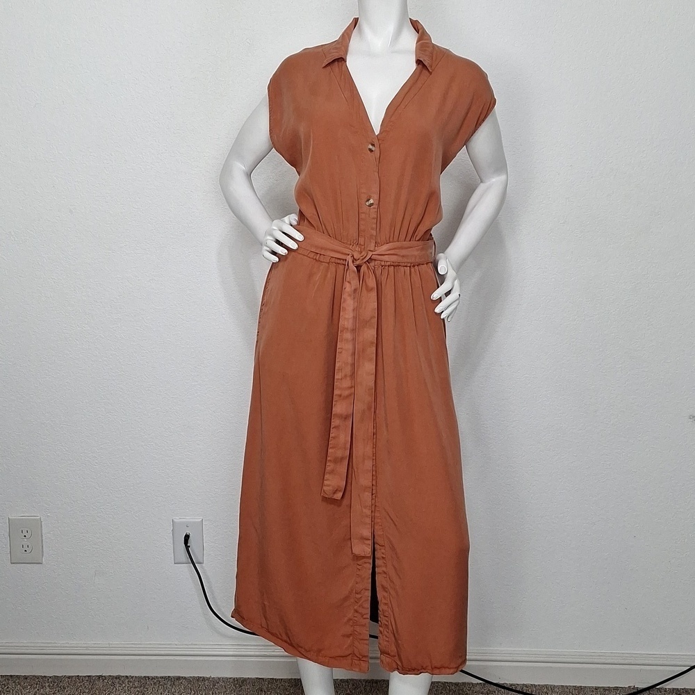 Thread & Supply Rust Lyocell Belted Academia Utility Shirt Midi Dress Size M